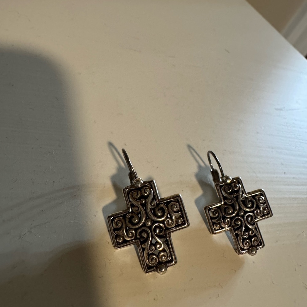 Silver Filigree Cross Dangle Earrings | Leverback | Vintage Style